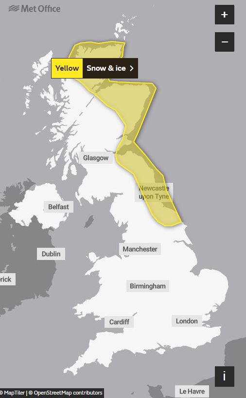 A Met Office map of the yellow snow and ice warning