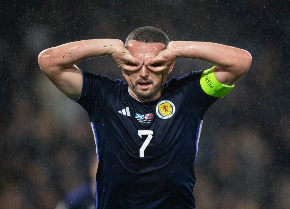 GLASGOW, SCOTLAND - NOVEMBER 19: John McGinn of Scotland celebrates after scoring the team's first goal during the UEFA EURO 2024 European qualifier match between Scotland and Norway at Hampden Park on November 19, 2023 in Glasgow, Scotland . (Photo by Joe Prior/Visionhaus via Getty Images)