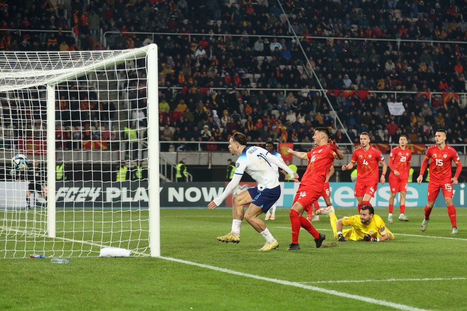 SKOPJE, MACEDONIA - NOVEMBER 20: Jack Grealish of England scores a goal which is later disallowed by VAR for offside during the UEFA EURO 2024 European qualifier match between North Macedonia and England at National Arena Todor Proeski on November 20, 2023 in Skopje, Macedonia. (Photo by Alex Grimm/Getty Images)