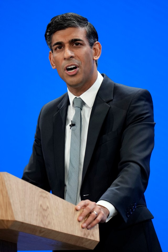 MANCHESTER, ENGLAND - OCTOBER 4: Prime Minister Rishi Sunak speaks during the final day of the Conservative Party Conference on October 4, 2023 in Manchester, England. Rishi Sunak delivers his first speech as Conservative Party Leader to members and delegates today. He is expected to announce the scrapping of the Manchester leg of the HS2 rail link and suggests alternatives. (Photo by Christopher Furlong/Getty Images)