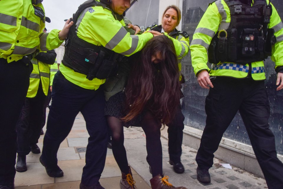 A pro-Palestine protester is restrained by police