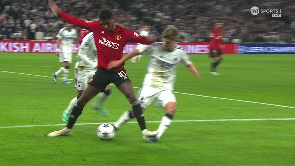 Marcus Rashford was sent off for catching Copenhagen's Elias Jelert on the ankle