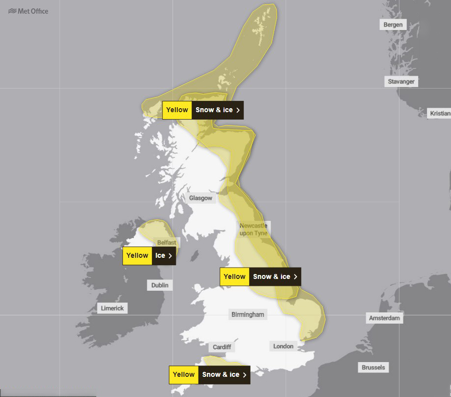 There are yellow ice and snow warnings in place