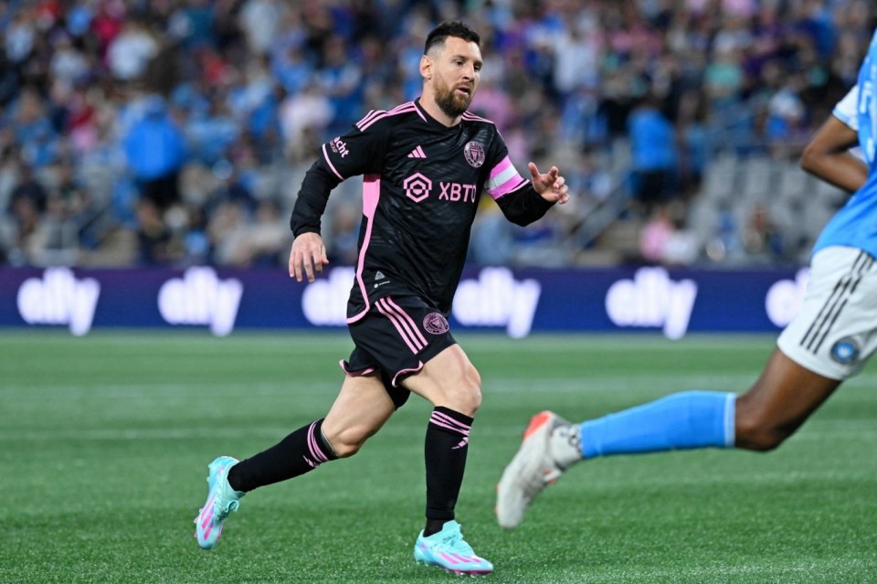 Oct 21, 2023; Charlotte, North Carolina, USA; Inter Miami CF forward Lionel Messi (10) runs on the field against Charlotte FC during the first half at Bank of America Stadium. Mandatory Credit: Griffin Zetterberg-USA TODAY Sports