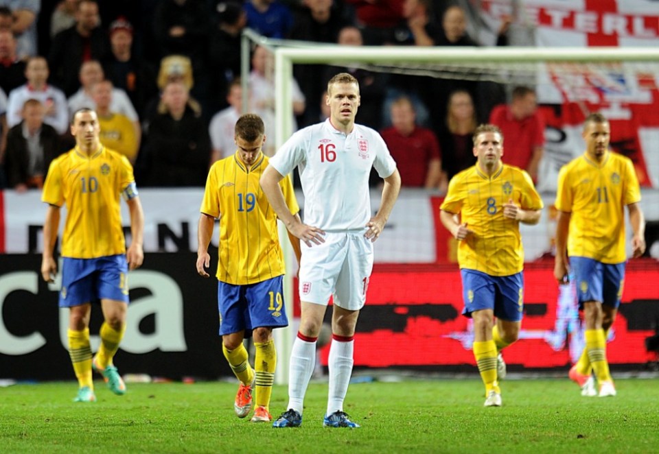 England's Ryan Shawcross (centre) looks dejected after his side concedes a second goal during the International Friendly at the Friends Arena, Stockholm, Sweden. PRESS ASSOCIATION Photo. Picture date: Wednesday November 14, 2012. See PA story SOCCER England. Photo credit should read: Owen Humphreys/PA Wire. RESTRICTIONS: Use subject to FA restrictions. Editorial use only. Commercial use only with prior written consent of the FA. No editing except cropping. Call +44 (0)1158 447447 or see www.paphotos.com/info/ for full restrictions and further information.