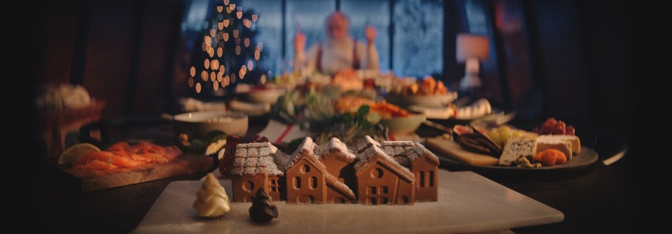 Several festive food items are showcased in the ad