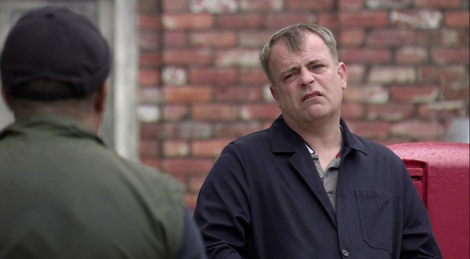 Editorial use only..Mandatory Credit: Photo by ITV/Shutterstock (12998617cs)..Coronation Street - Ep 10681 & Ep 10682.Monday 4th July 2022.Ed Bailey, as played by Trevor Michael Georges, collars Steve McDonald, as played by Simon Gregson, and reveals that No.3's roof is also leaking...'Coronation Street' TV Show UK - Jul 2022..Coronation Street, is a British ITV long running television soap opera set in the fictional North of England town of Weatherfield, near Manchester. Created by Tony Warren, the series was first broadcast on December 9th, 1960, and was produced by ITV Granada.