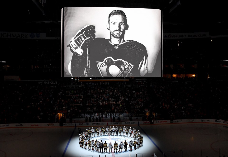 dam Johnson is remembered before the game between the Pittsburgh Penguins and the Anaheim Ducks at PPG PAINTS Arena on October 30, 2023