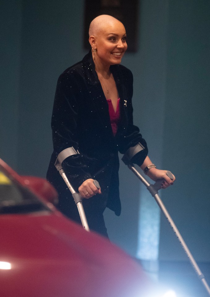 Amy Dowden arrives at the Strictly Come Dancing after-party in Blackpool on crutches