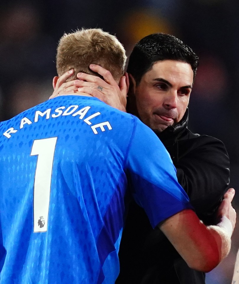 Arsenal boss Mikel Arteta embraced Ramsdale after a clean sheet