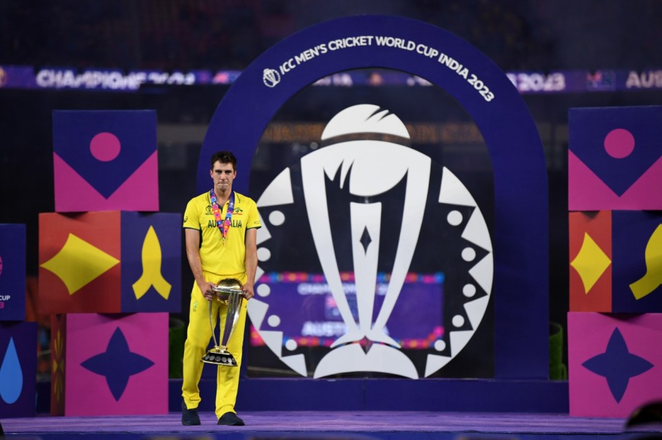 Pat Cummins was left looking lost during the Cricket World Cup trophy presentation