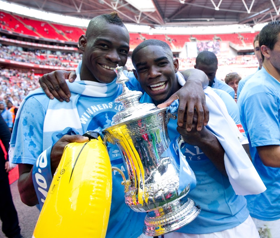 Balotelli, pictured with Micah Richards, won the Premier League and FA Cup at Man City