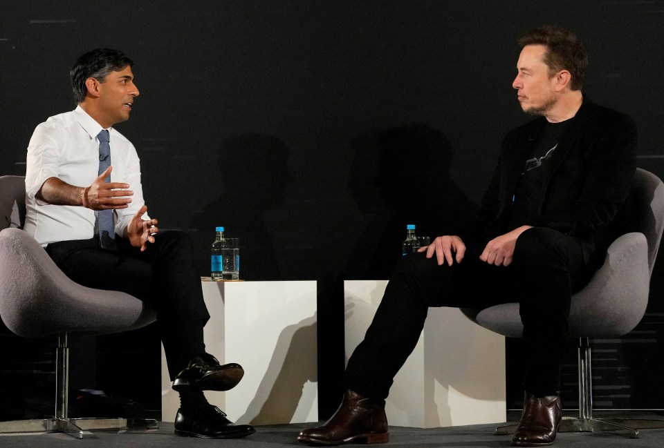 Britain’s Prime Minister Rishi Sunak attends an in-conversation event with Tesla and SpaceX’s CEO Elon Musk in London