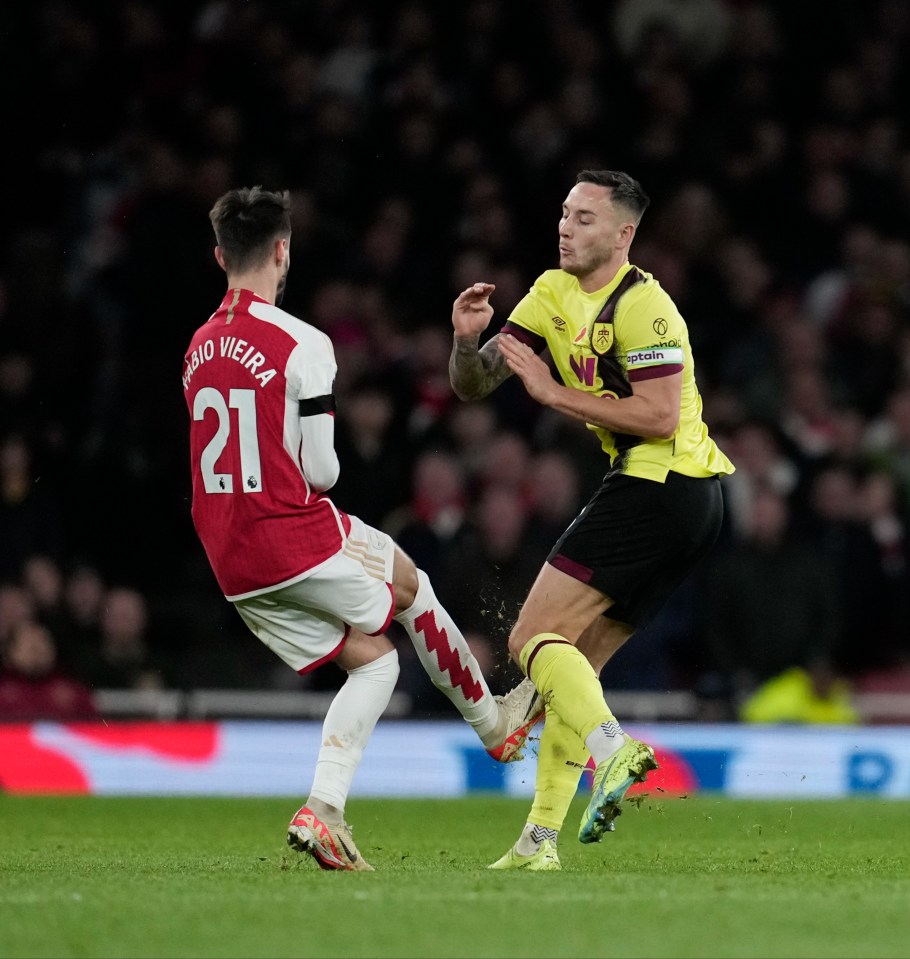 Arsenal’s Fabio Vieira was sent off for a studs up tackle