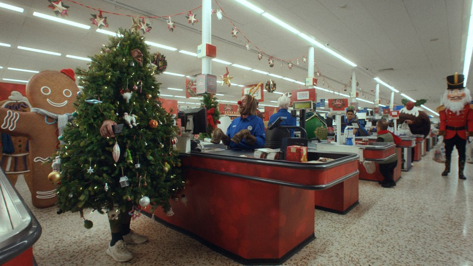 On his second visit to the supermarket Christmas Tree dad is served by a Reindeer