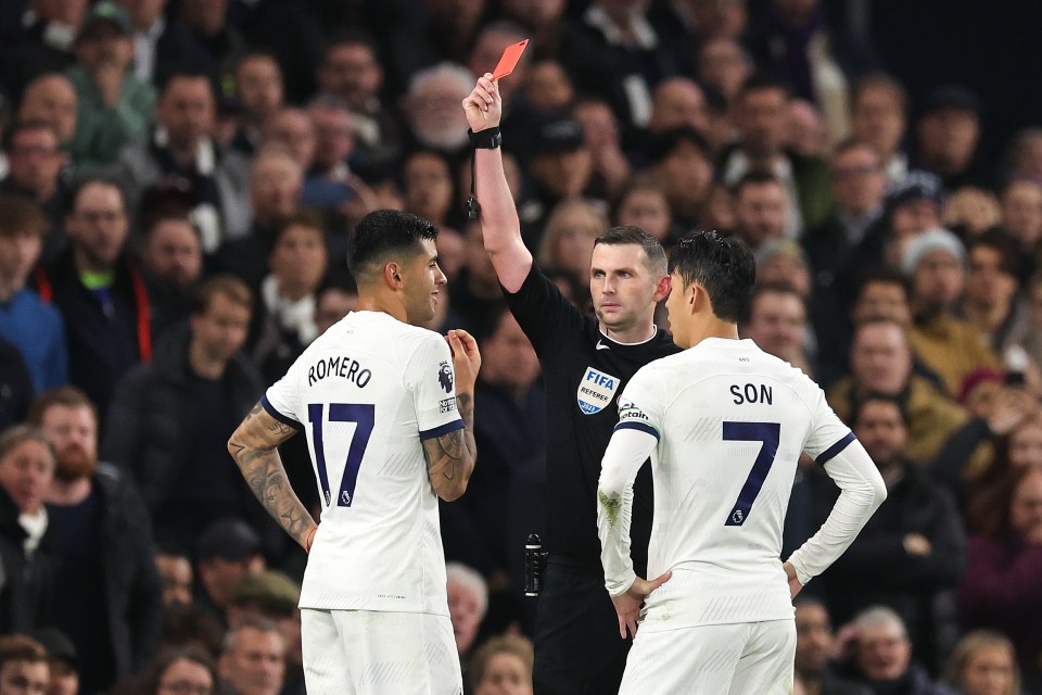 Romero has been sent off for Spurs after the intervention of VAR