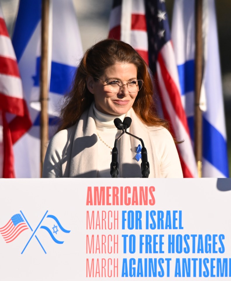 Debra Messing, another celebrity present during the meeting with TikTok executives, speaks during a March For Israel in Washington DC in November