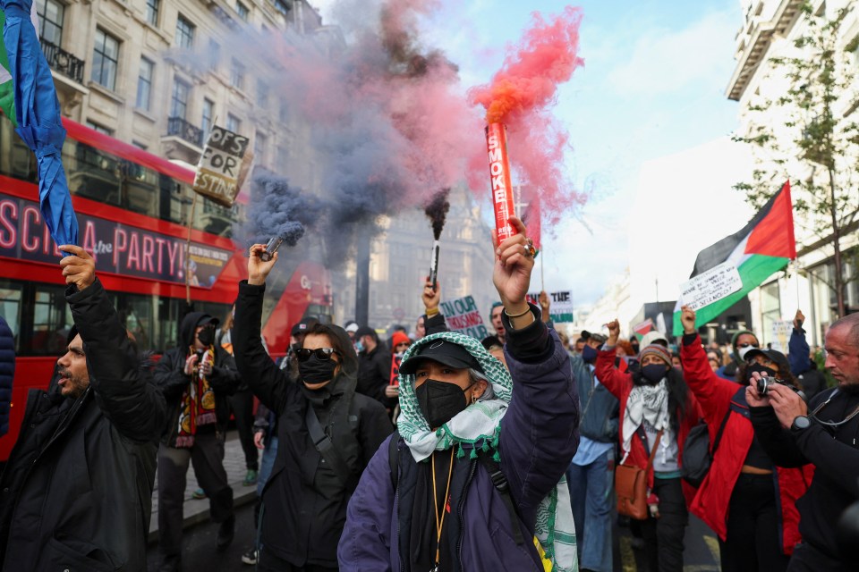 Demonstrators hold smoke flares as they protest in London