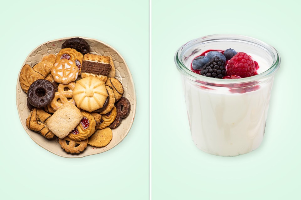 Biscuits can be swapped for unsweetened yoghurt (such as Greek) with fruits