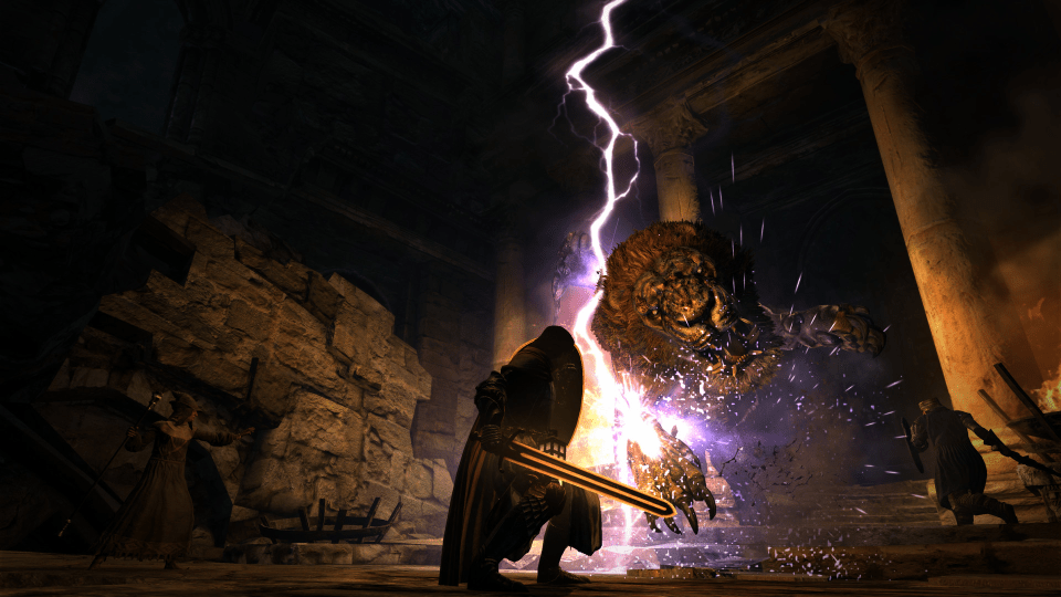 A knight battles a large lion-like creature in a ruined building as lightning strikes between them.