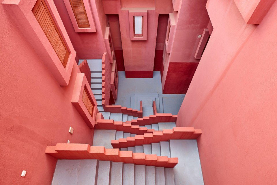 The blocky steps give the building a unique, geometric appearance