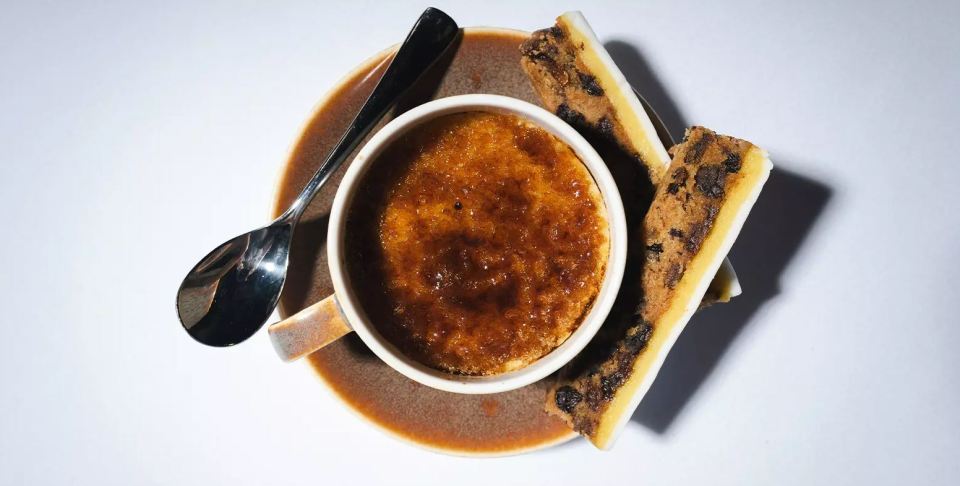 For desert an Earl Grey Creme Brulee is served with a Greggs Christmas slice