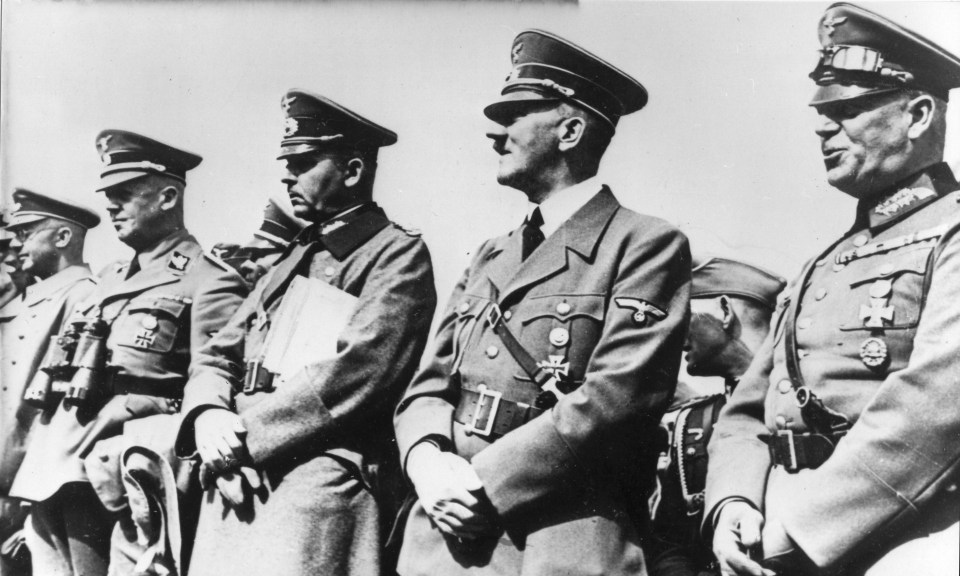 Adolf Hitler alongside his most senior generals including SS leader and Holocaust architect, Heinrich Himmler (far left) and Field Marshall Wilhelm List (third from left)