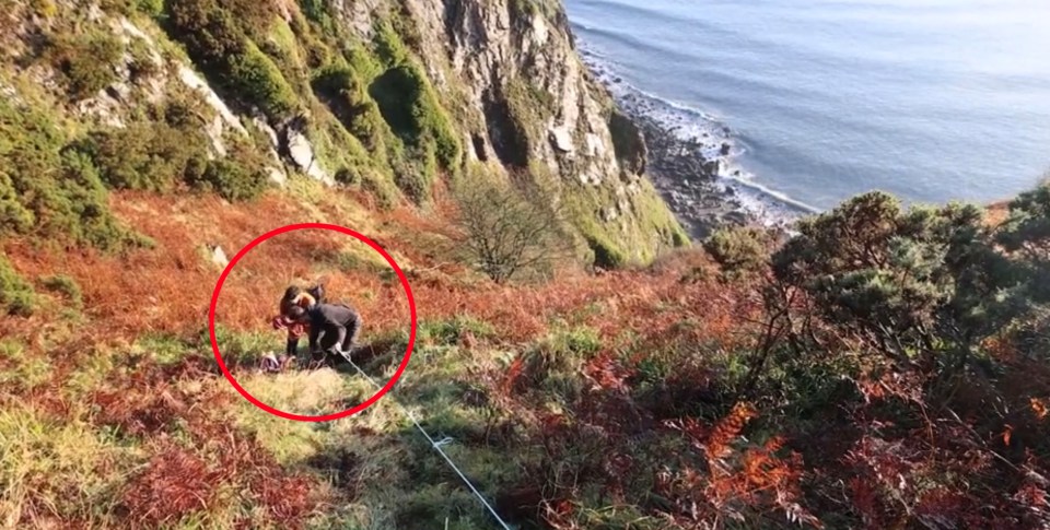 Rescuers used a winch mounted on a truck parked at the top of the cliff, 200m of rope and a feed bag fashioned into a makeshift sling