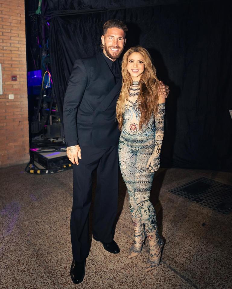 Sergio Ramos poses with Gerard Pique's ex Shakira at a music awards bash this week