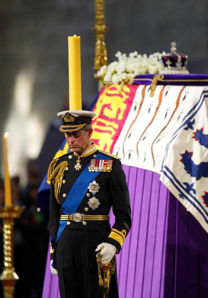 the Prince of Wales standing vigil beside the Queen Mother’s coffin in Westminster Hall in London