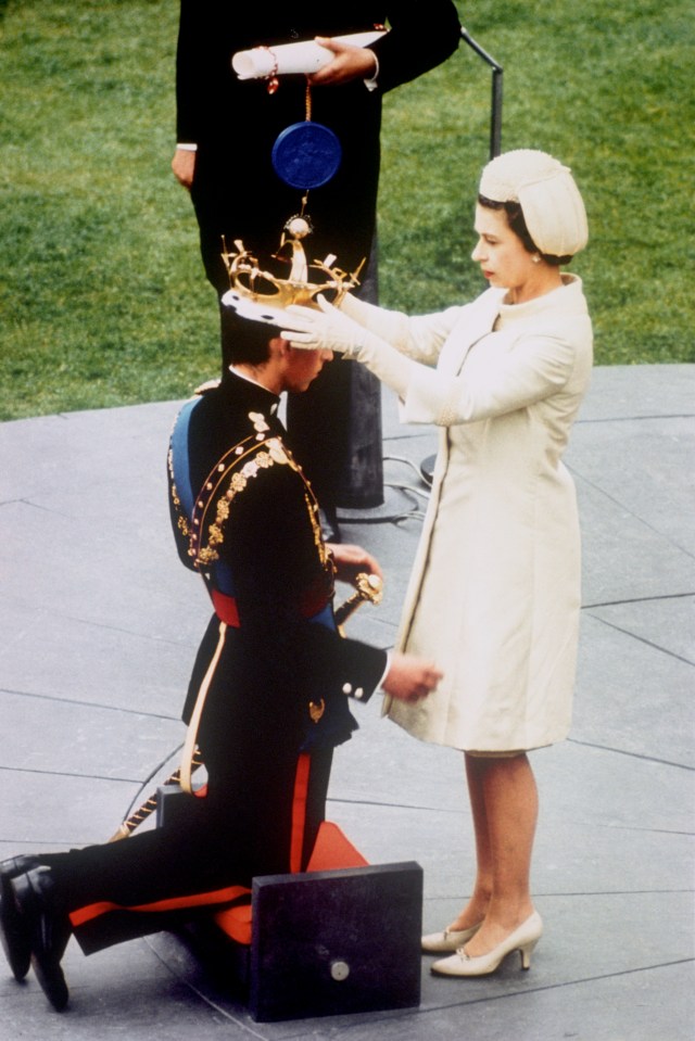 Queen Elizabeth II investing her son, Prince Charles, as the Prince of Wales during a ceremony at Caernarfon castle