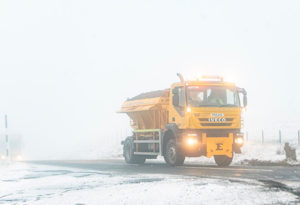 A gritter truck clears the snow in Killhope, County Durham on Monday