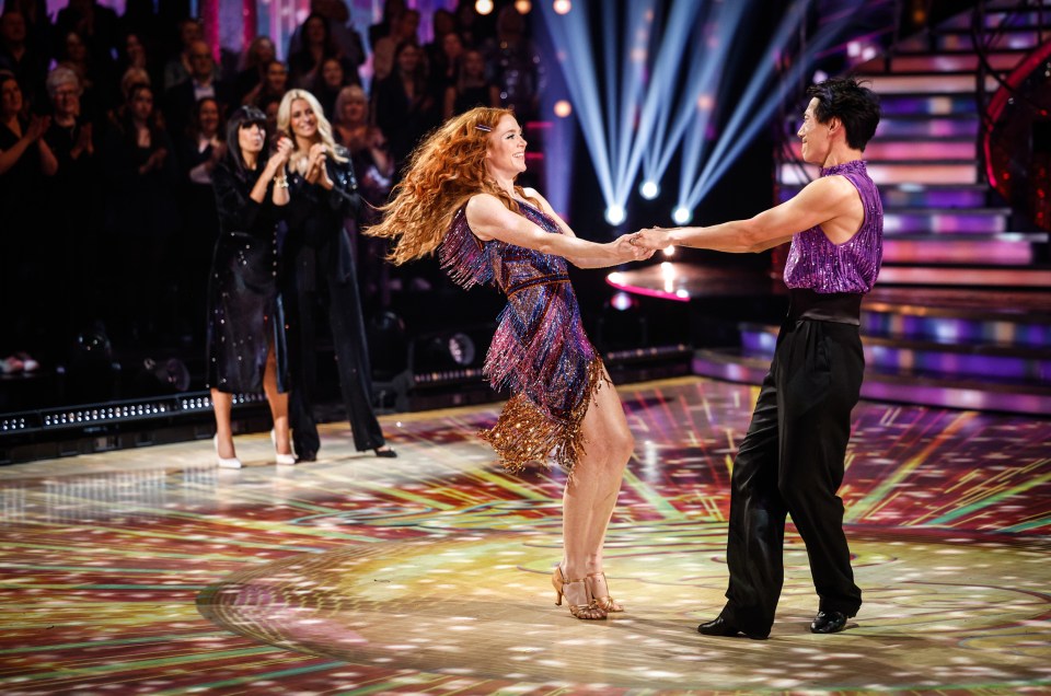 Angela Scanlon (centre) and Carlos Gu became the latest pair to be voted of during the results show of BBC1’s Strictly Come Dancing