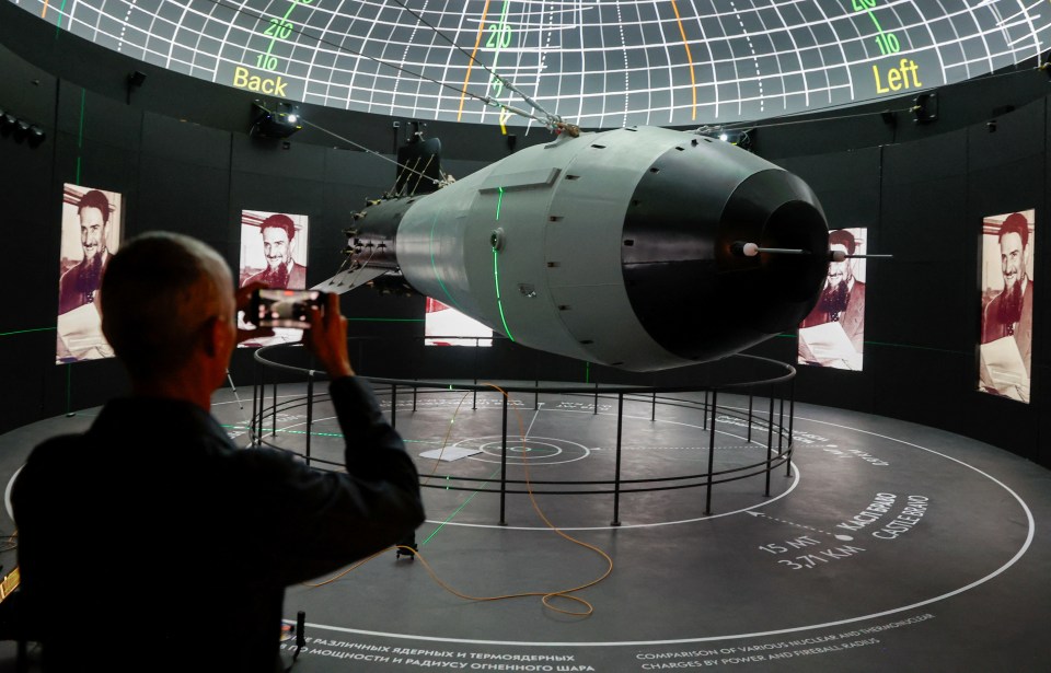 A model of the Soviet-made thermonuclear bomb Tsar Bomba is on display at the nuclear energy museum Atom, located in a pavilion of the Exhibition of Achievements of National Economy (VDNKh) in Moscow, Russia, October 26, 2023. The exhibition centre will be officially opened to showcase the historic and modern achievements of the country's nuclear industry and display expositions dedicated to the Soviet atomic project, the nuclear arms race between the USSR and the United States and other subjects. REUTERS/Yulia Morozova