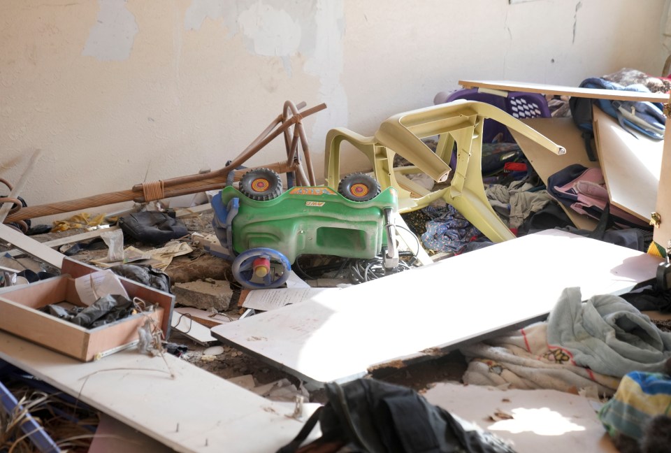 A ride-along toy car was upended amid the chaos at the flat in Shati, northern Gaza