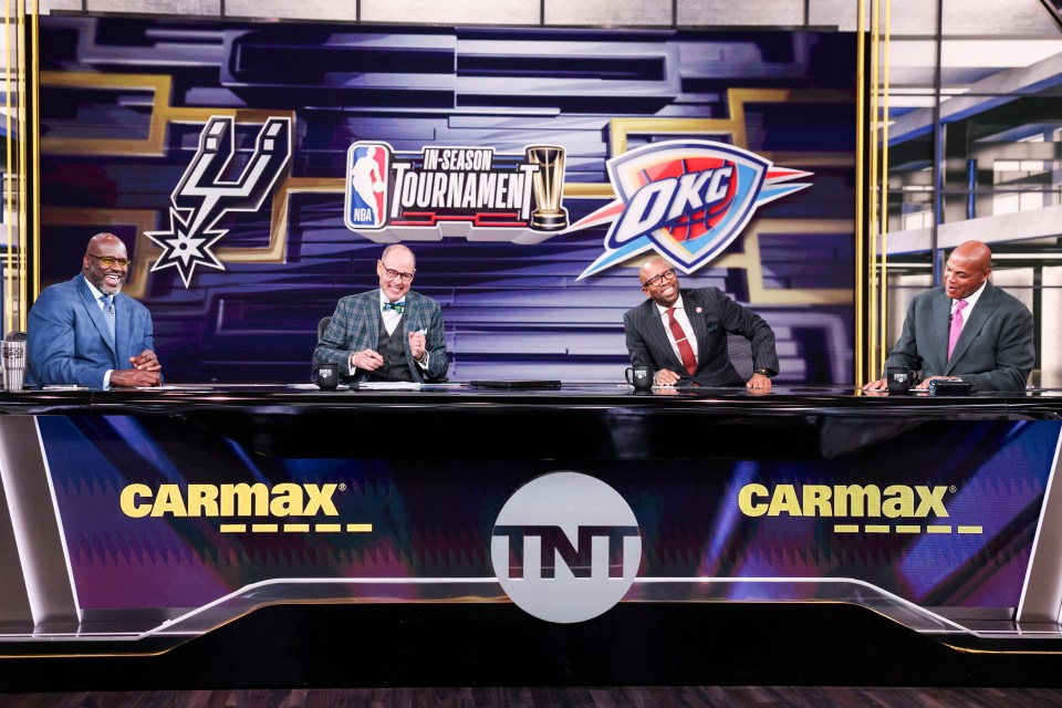 Inside the NBA features legendary American host Ernie Johnson (second left) and NBA icons Shaquille O'Neal, Kenny Smith, and Charles Barkley (left to right)