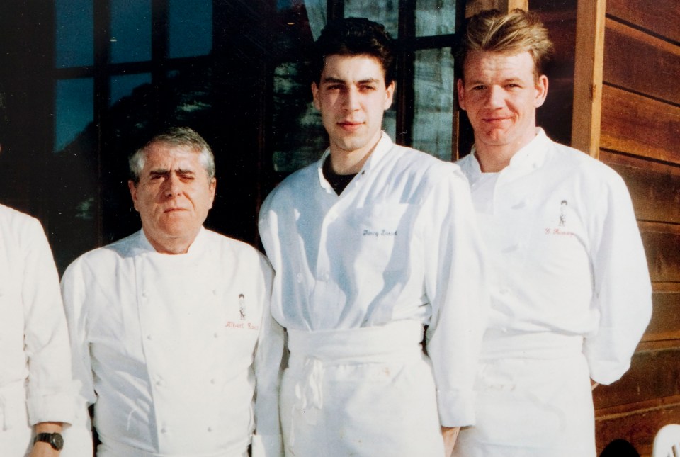 A very young Gordon Ramsay, pictured far right, during the early stages of his career with chef Albert Roux, far left