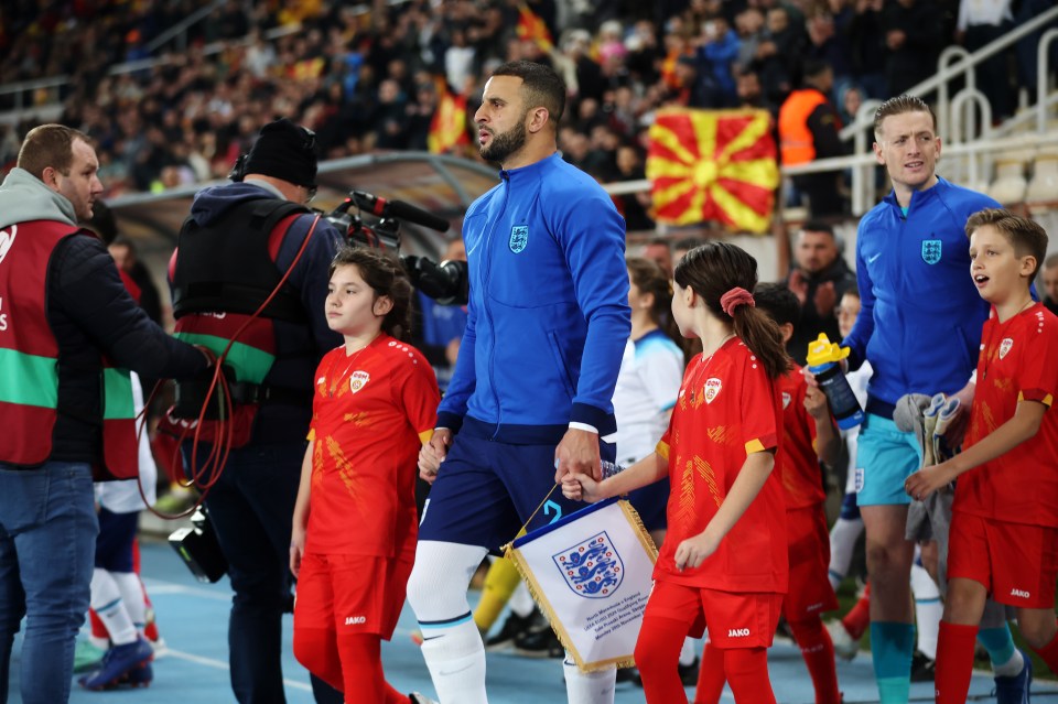 Kyle Walker was England captain in North Macedonia and carried the team pennant