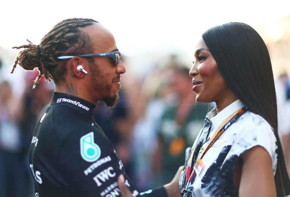 The legendary model caught up with F1’s Lewis Hamilton