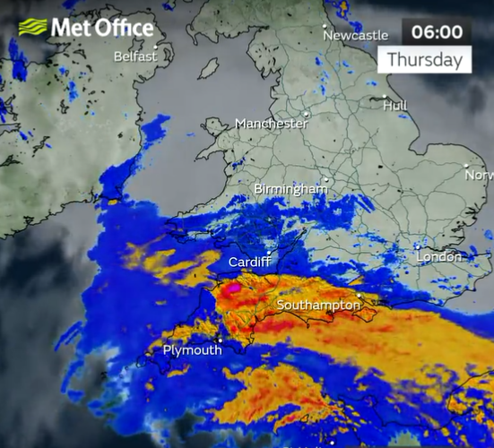 The heavy band of rain will move east across southern parts of England and Wales this morning