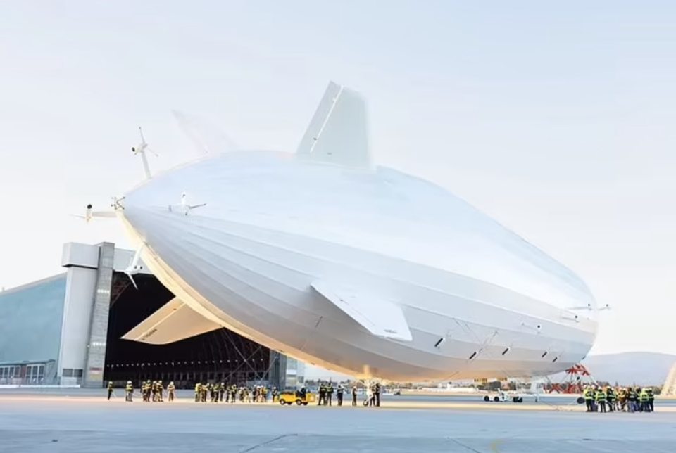 The next-generation blimp, kitted out with 12 electric motors and four rudders, has a frame built from carbon fibers and titanium