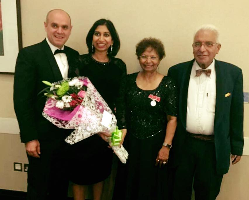 Suella Braverman with husband Rael (left) and her parents Uma and Christie Fernandes (right)