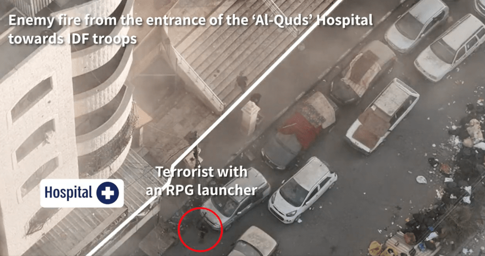 Footage shared by the IDF allegedly shows Hamas fighters attacking them outside the Al Quds hospital in Gaza