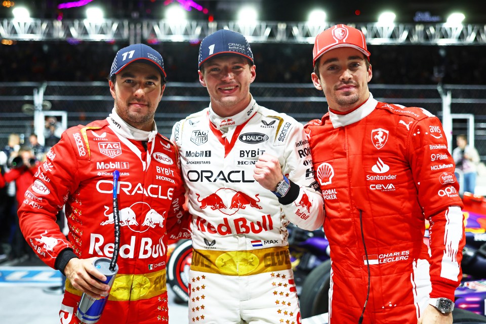 Verstappen celebrates alongside Sergio Perez and Charles Leclerc