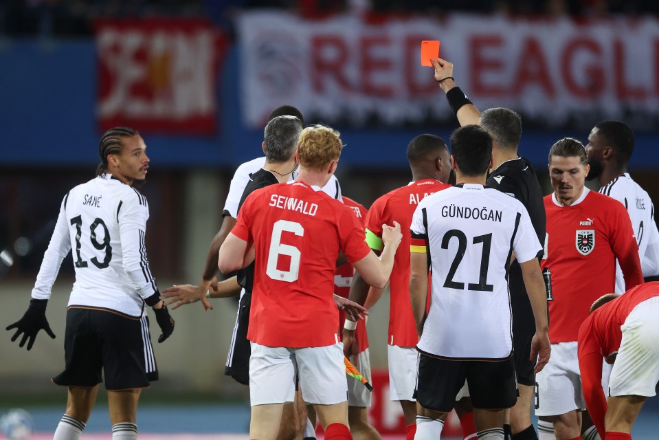 Referee Slavko Vincic sent off Sane for the first time in the winger's career