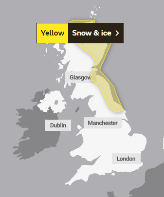 Thge yellow weather warning continues for snow and ice into Thursday