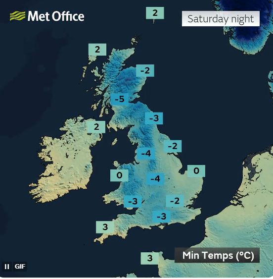 Temperatures will drop to -5C on Saturday night