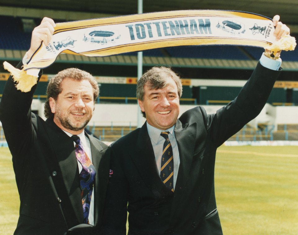 Terry Venables and Alan Sugar celebrate taking over Tottenham Hotspur