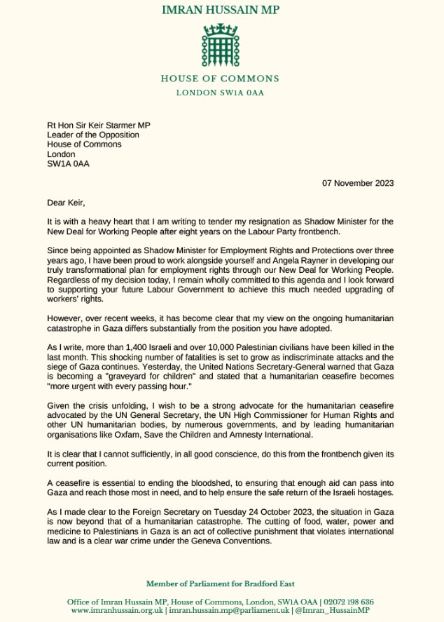 The MP for Bradford wrote a letter to Sir Keir