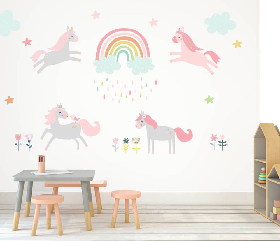 The unicorns and rainbows fabric wall-sticker set is £45 from Littleprints